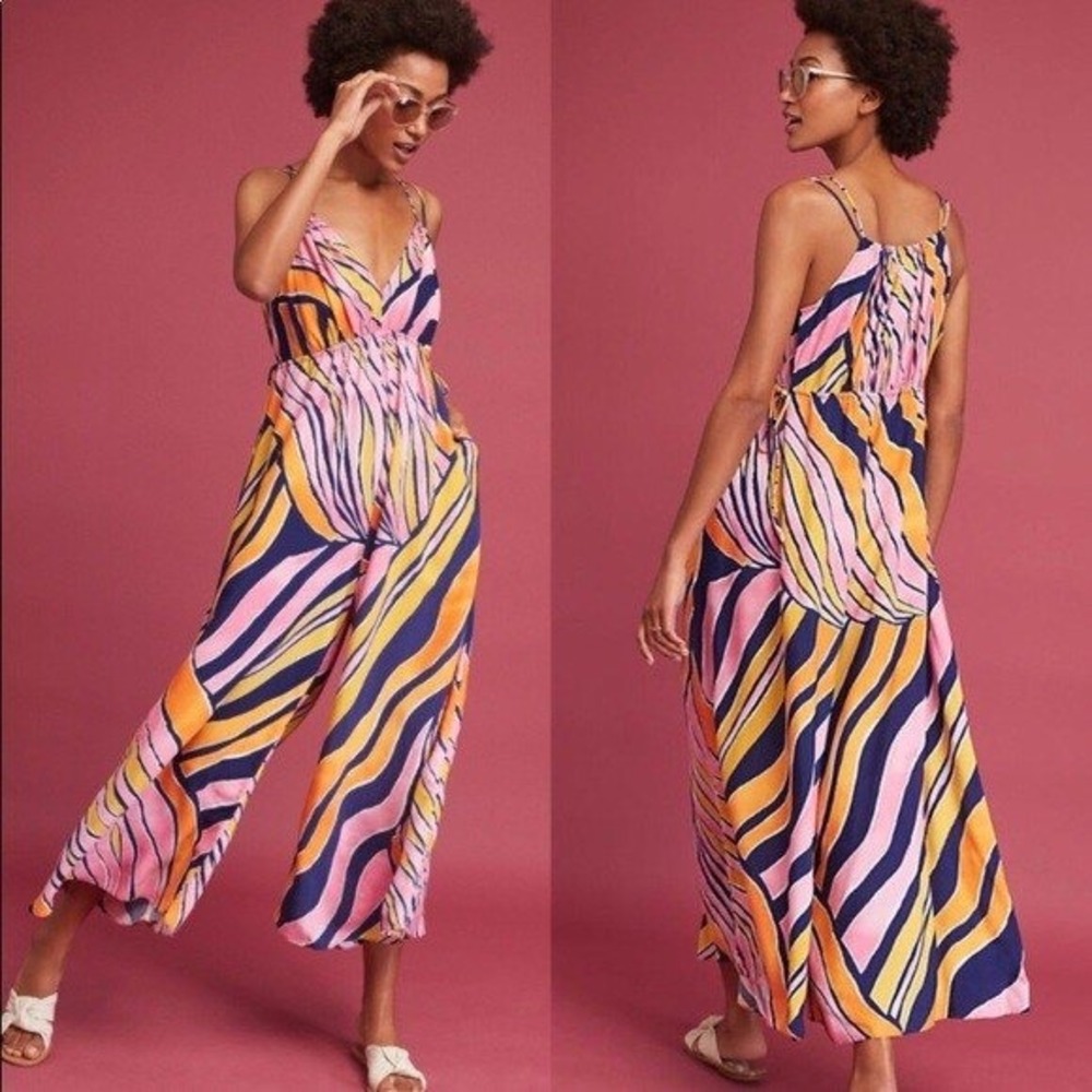 Maeve Anthropologie Finley Wide Leg Size 2 Abstract Wide Leg Jumpsuit Pink‎ Boho